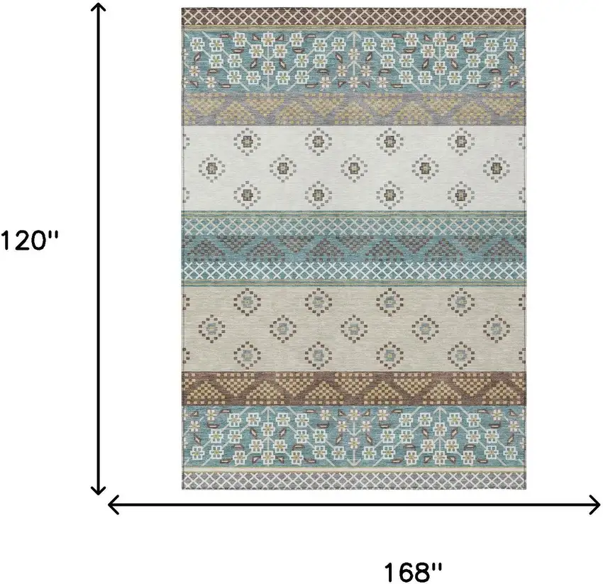 Teal Blue And Beige Striped Washable Indoor Outdoor Area Rug Photo 9