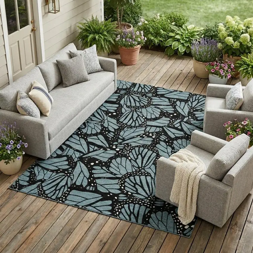 Teal Blue And Black Animal Print Washable Indoor Outdoor Area Rug Photo 1
