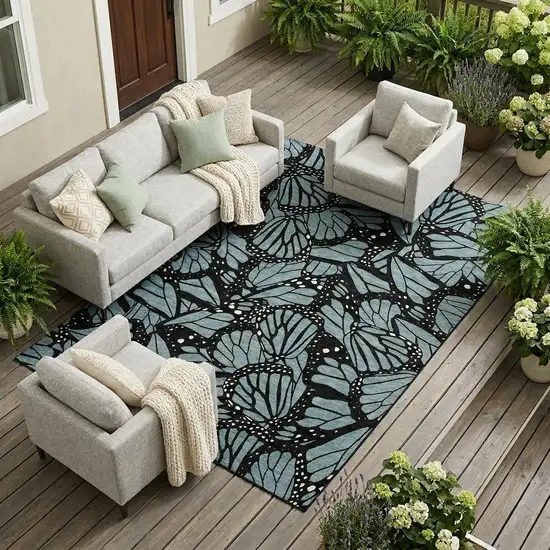 Teal Blue And Black Animal Print Washable Indoor Outdoor Area Rug Photo 1