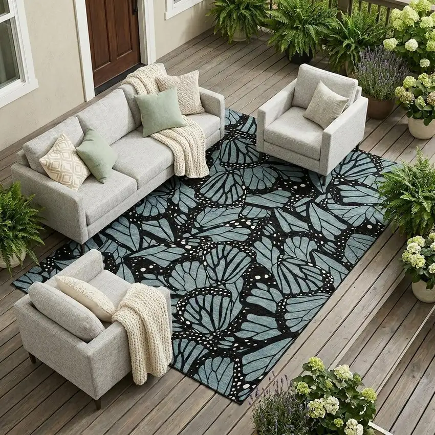 Teal Blue And Black Animal Print Washable Indoor Outdoor Area Rug Photo 1