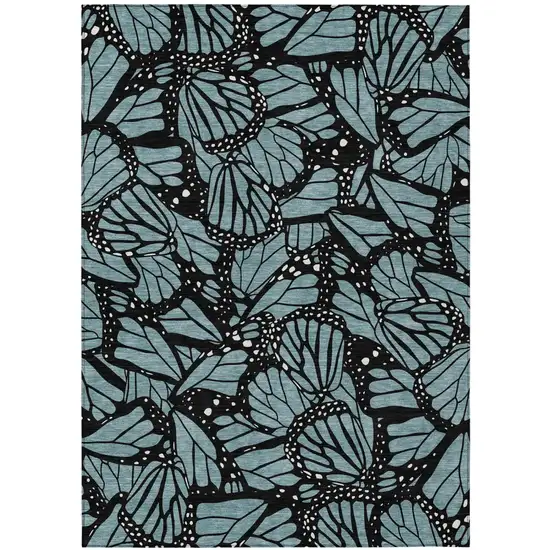 Teal Blue And Black Animal Print Washable Indoor Outdoor Area Rug Photo 2