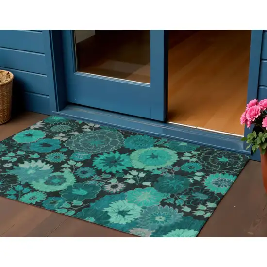 Teal Blue And Black Floral Washable Indoor Outdoor Area Rug Photo 1