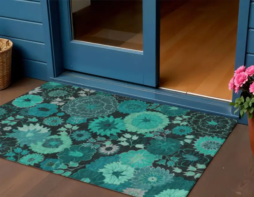 Teal Blue And Black Floral Washable Indoor Outdoor Area Rug Photo 1