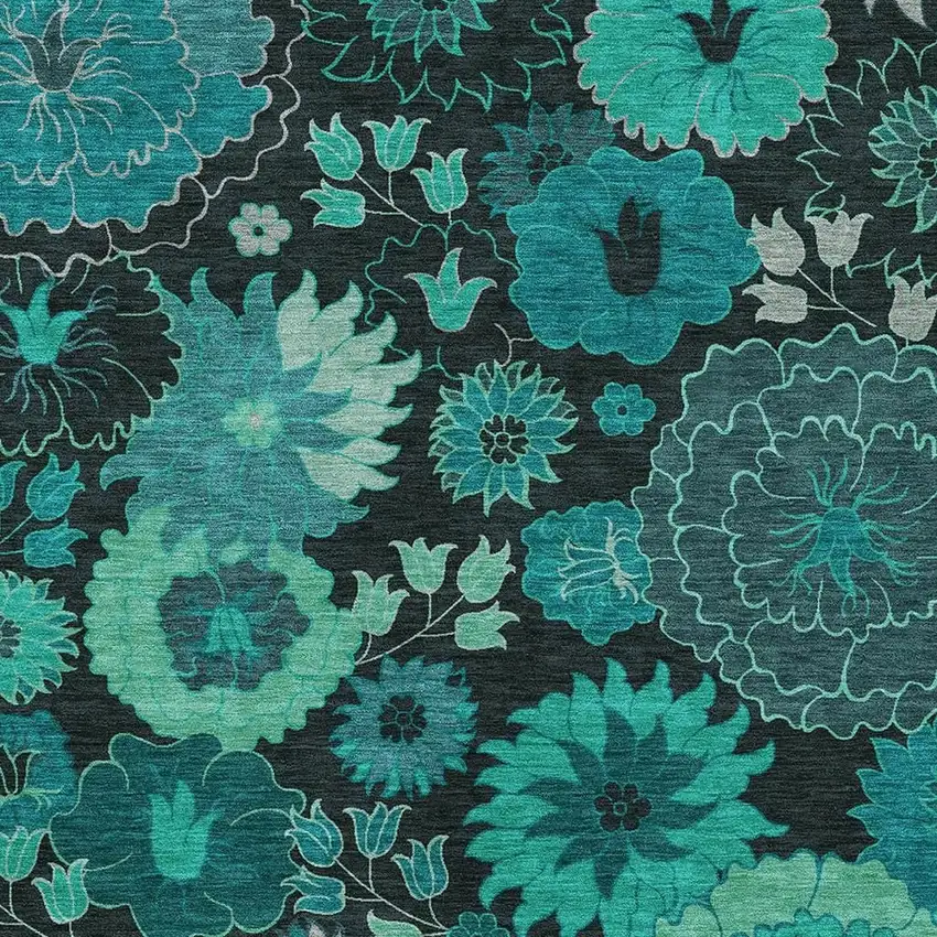 Teal Blue And Black Floral Washable Indoor Outdoor Area Rug Photo 8