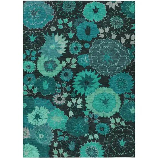 Teal Blue And Black Floral Washable Indoor Outdoor Area Rug Photo 2