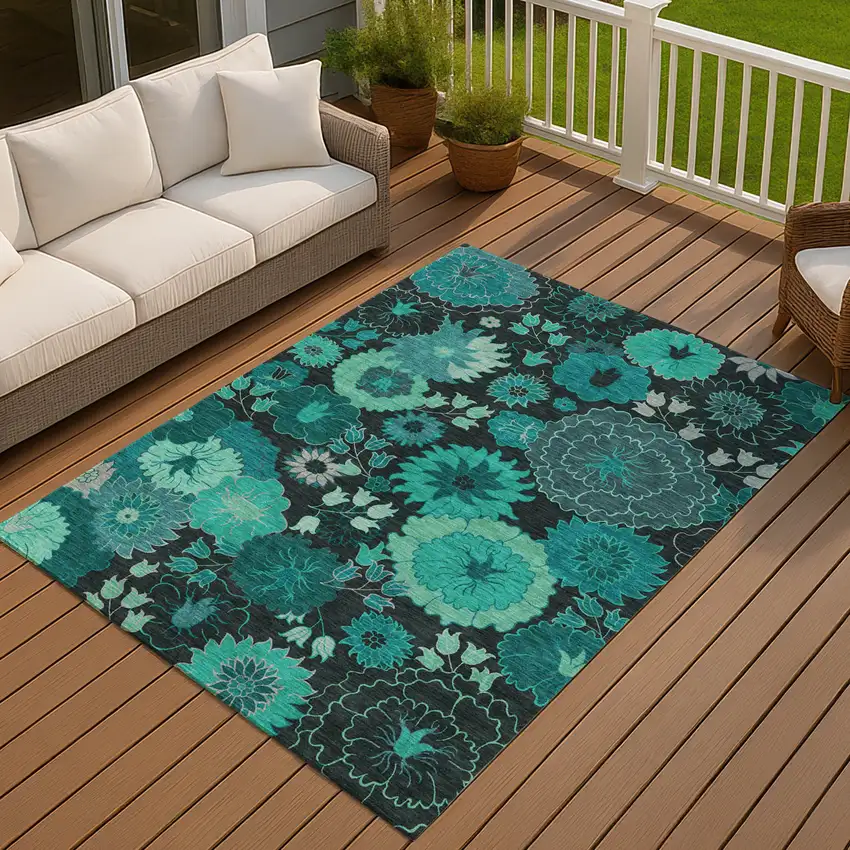 Teal Blue And Black Floral Washable Indoor Outdoor Area Rug Photo 8