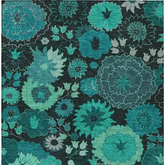 Teal Blue And Black Floral Washable Indoor Outdoor Area Rug Photo 4