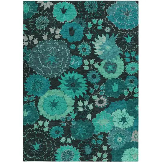 Teal Blue And Black Floral Washable Indoor Outdoor Area Rug Photo 5