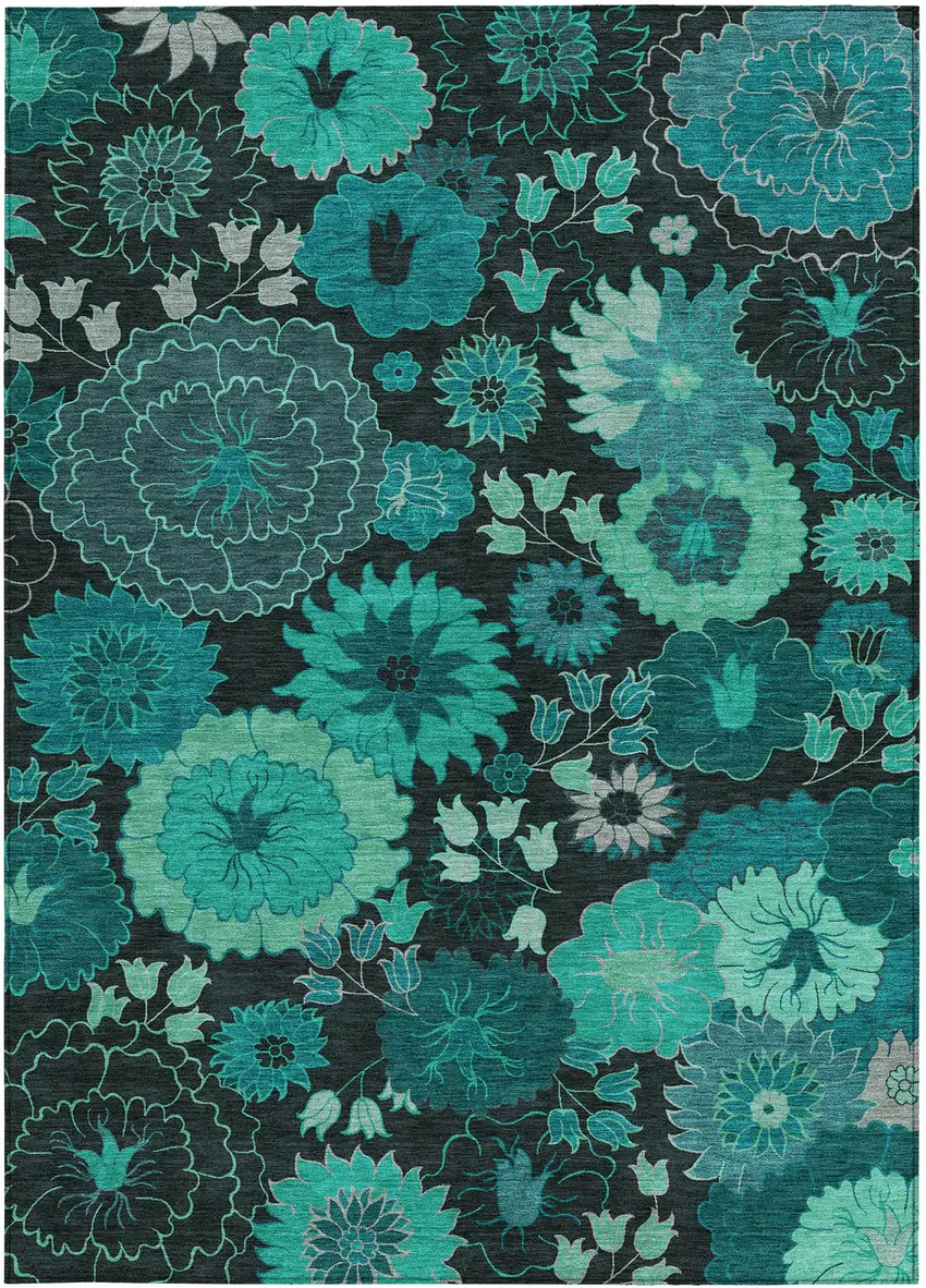 Teal Blue And Black Floral Washable Indoor Outdoor Area Rug Photo 5