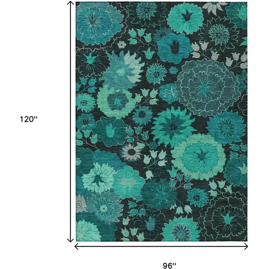 Teal Blue And Black Floral Washable Indoor Outdoor Area Rug Photo 3