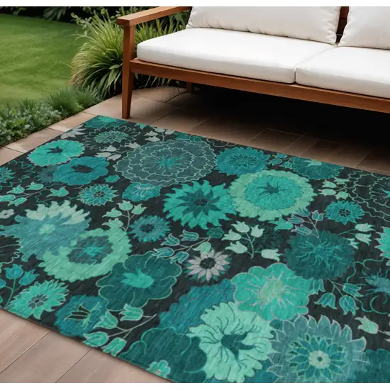 Teal Blue And Black Floral Washable Indoor Outdoor Area Rug Photo 1