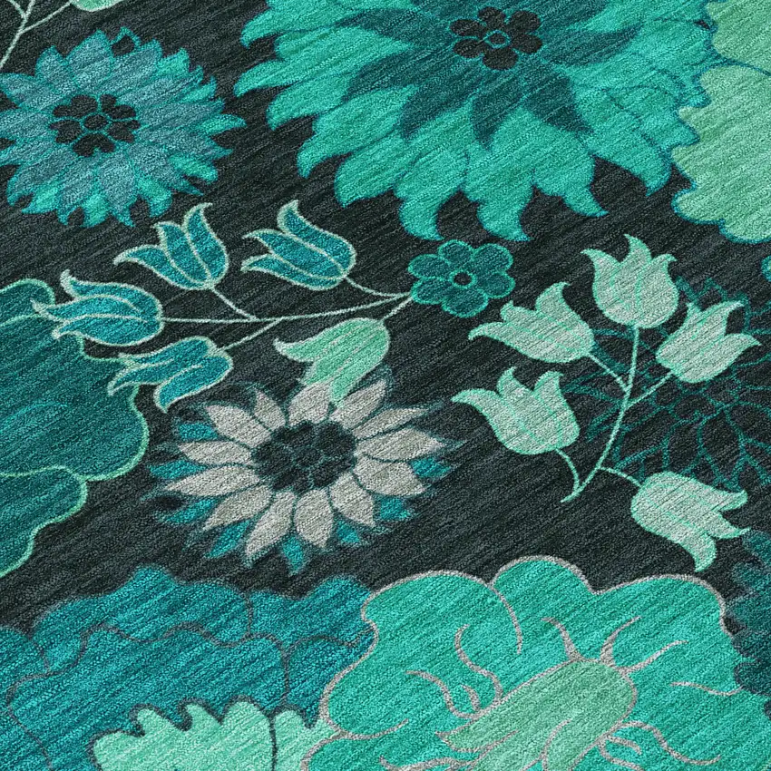 Teal Blue And Black Floral Washable Indoor Outdoor Area Rug Photo 8