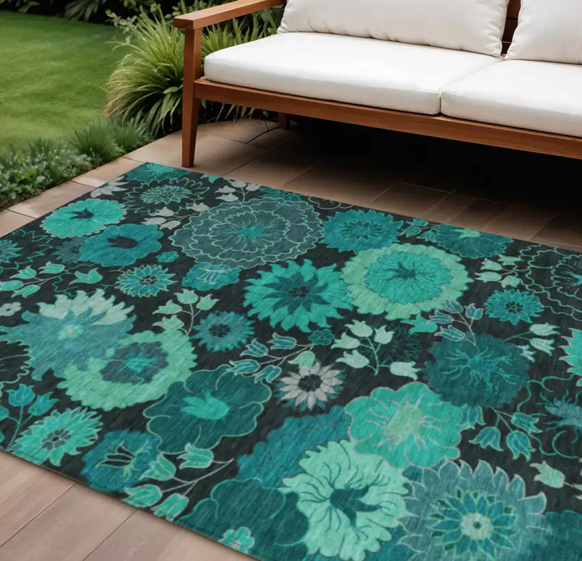 Teal Blue And Black Floral Washable Indoor Outdoor Area Rug Photo 1