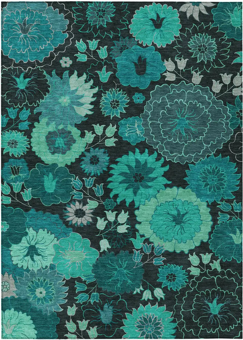 Teal Blue And Black Floral Washable Indoor Outdoor Area Rug Photo 2