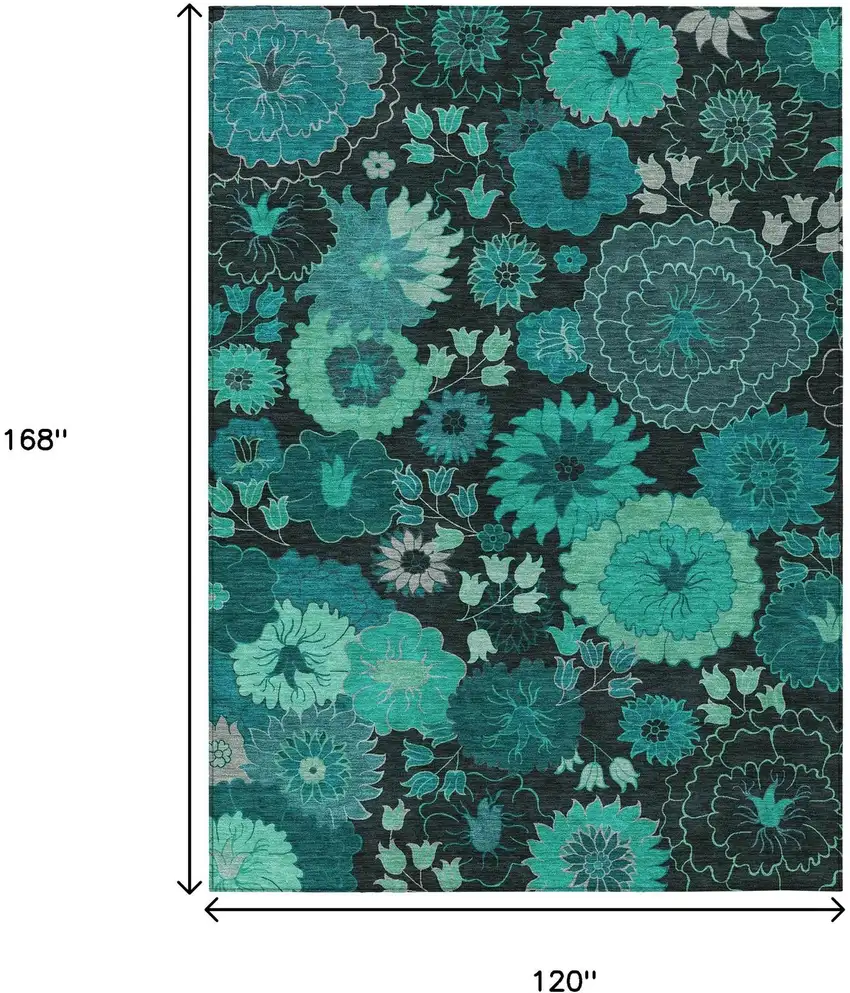 Teal Blue And Black Floral Washable Indoor Outdoor Area Rug Photo 3