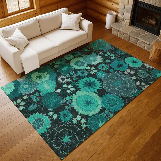 Teal Blue And Black Floral Washable Indoor Outdoor Area Rug Photo 9