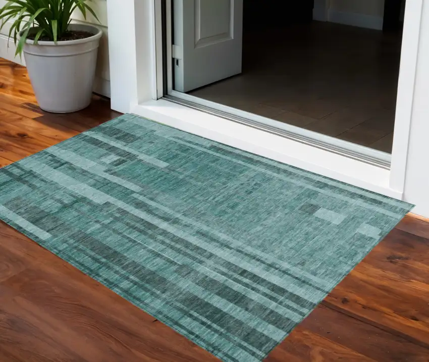 Teal Blue And Black Striped Washable Indoor Outdoor Area Rug Photo 1