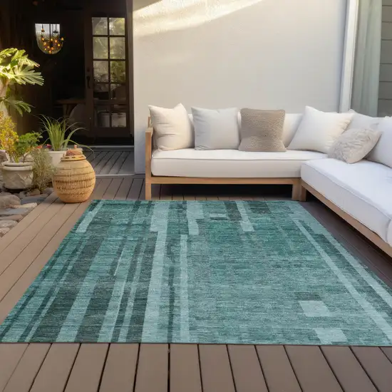 Teal Blue And Black Striped Washable Indoor Outdoor Area Rug Photo 9