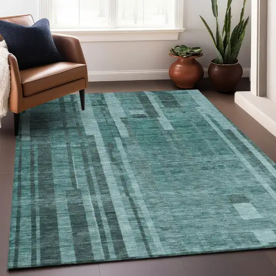 Teal Blue And Black Striped Washable Indoor Outdoor Area Rug Photo 8