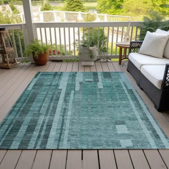 Teal Blue And Black Striped Washable Indoor Outdoor Area Rug Photo 7