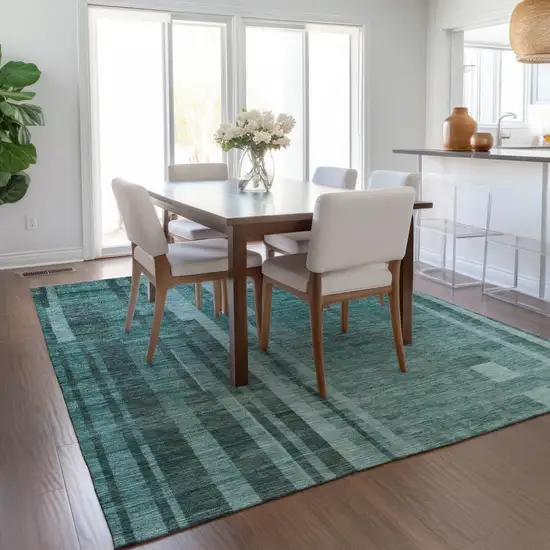 Teal Blue And Black Striped Washable Indoor Outdoor Area Rug Photo 9