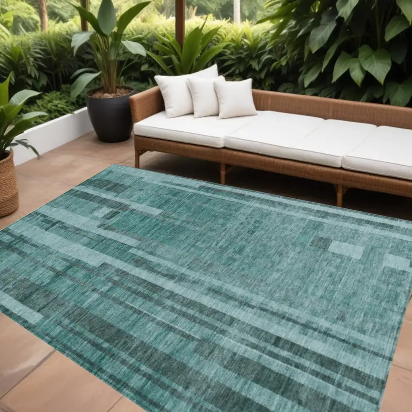 Teal Blue And Black Striped Washable Indoor Outdoor Area Rug Photo 1
