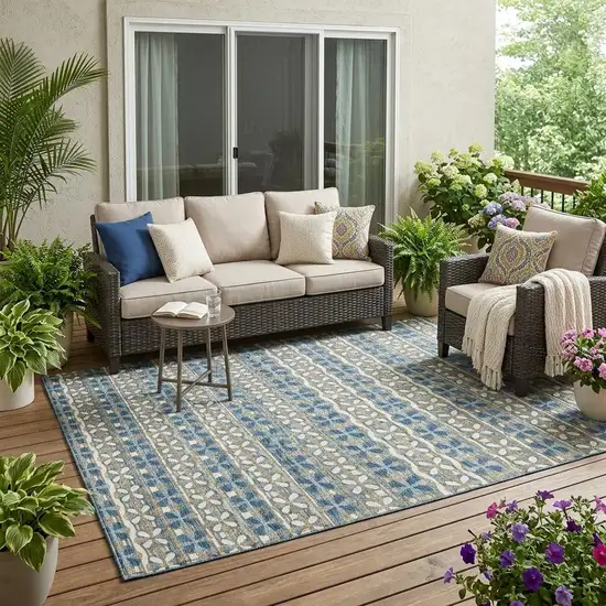 Teal Blue And Black Striped Washable Indoor Outdoor Area Rug Photo 1