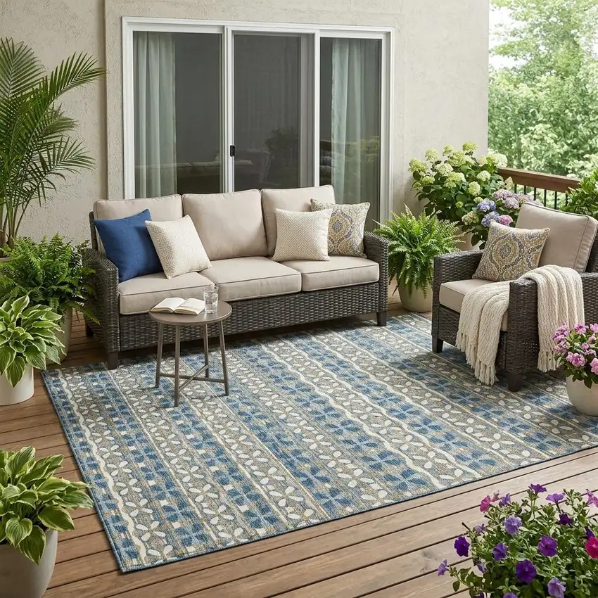 Teal Blue And Black Striped Washable Indoor Outdoor Area Rug Photo 1