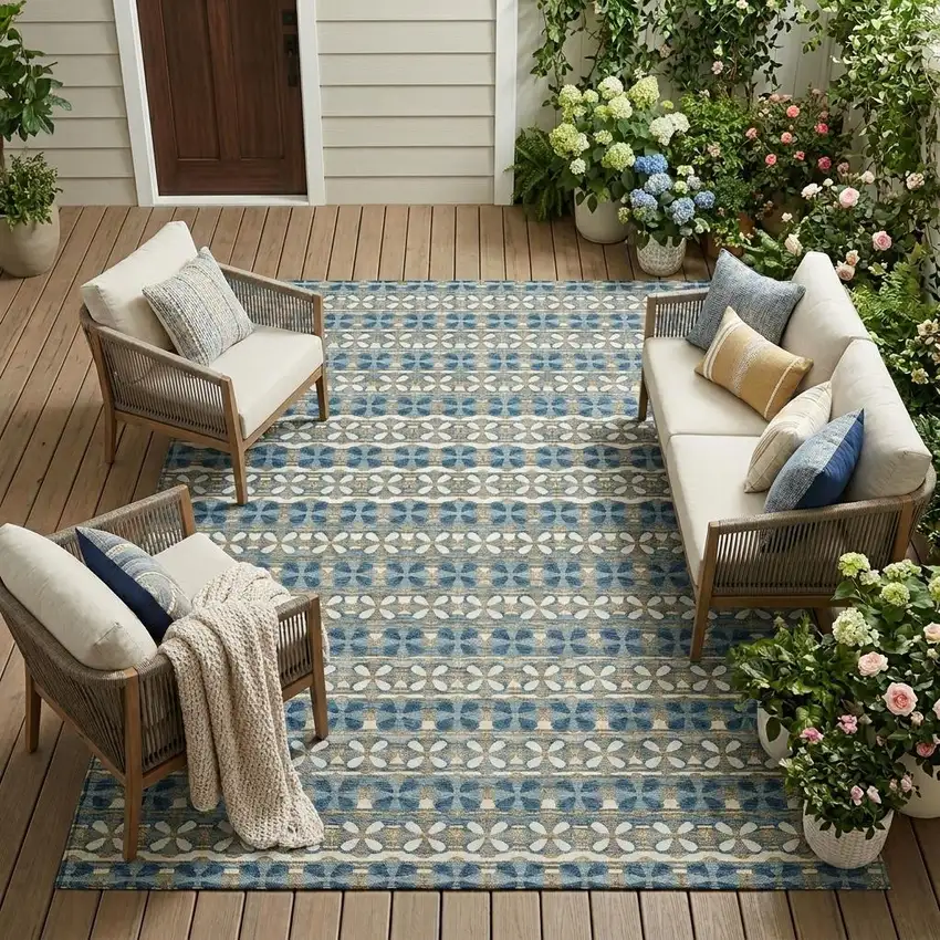 Teal Blue And Black Striped Washable Indoor Outdoor Area Rug Photo 1