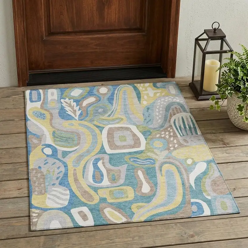 Teal Blue And Blue Abstract Washable Indoor Outdoor Area Rug Photo 1