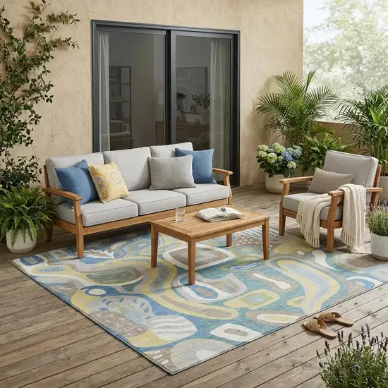 Teal Blue And Blue Abstract Washable Indoor Outdoor Area Rug Photo 1