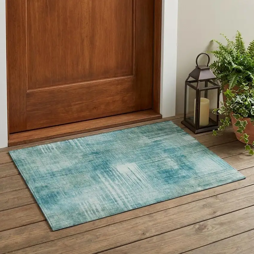 Teal Blue And Blue Abstract Washable Indoor Outdoor Area Rug Photo 1