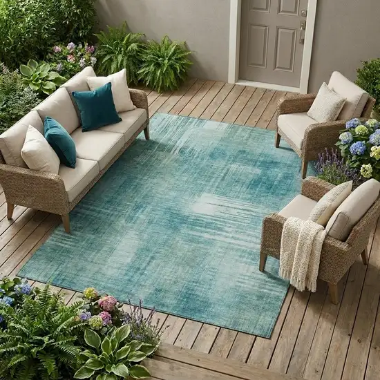 Teal Blue And Blue Abstract Washable Indoor Outdoor Area Rug Photo 1