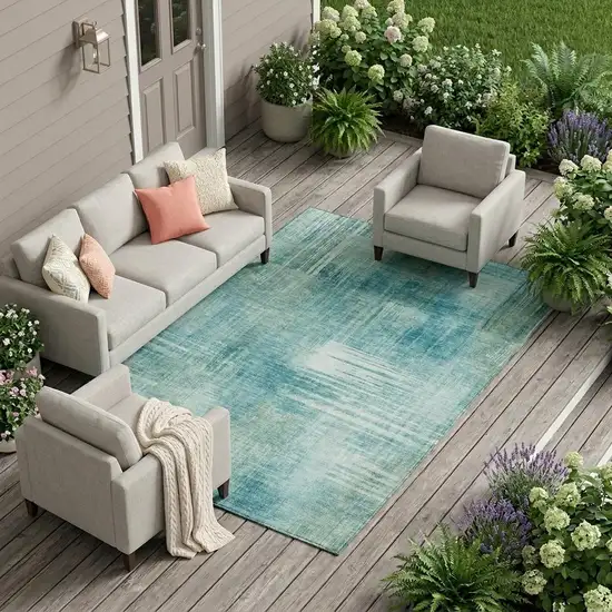 Teal Blue And Blue Abstract Washable Indoor Outdoor Area Rug Photo 1