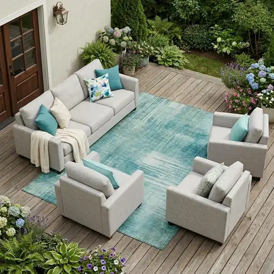Teal Blue And Blue Abstract Washable Indoor Outdoor Area Rug Photo 1