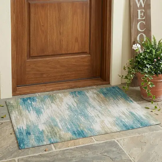 Teal Blue And Blue Abstract Washable Indoor Outdoor Area Rug Photo 1