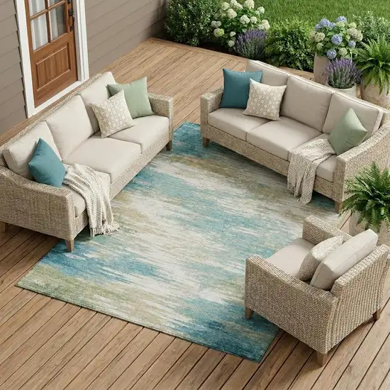 Teal Blue And Blue Abstract Washable Indoor Outdoor Area Rug Photo 1