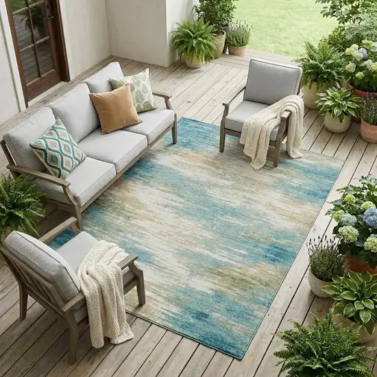 Teal Blue And Blue Abstract Washable Indoor Outdoor Area Rug Photo 1