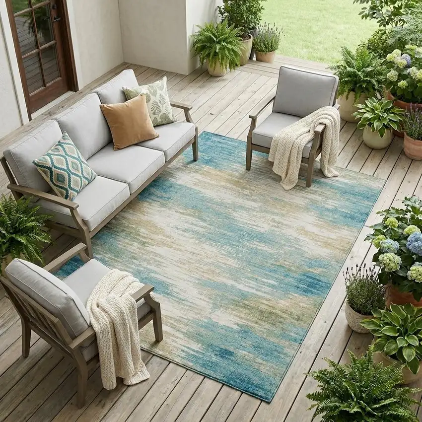 Teal Blue And Blue Abstract Washable Indoor Outdoor Area Rug Photo 1