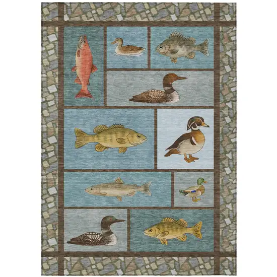 Teal Blue And Blue Floral Medallion Washable Indoor Outdoor Area Rug Photo 1
