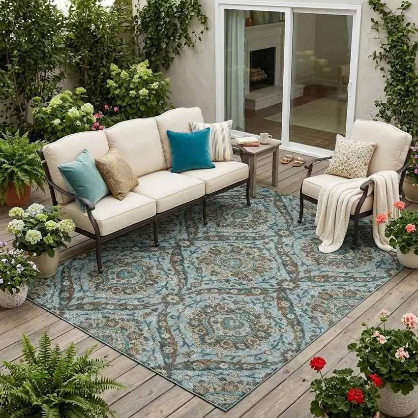 Teal Blue And Blue Floral Washable Indoor Outdoor Area Rug Photo 1