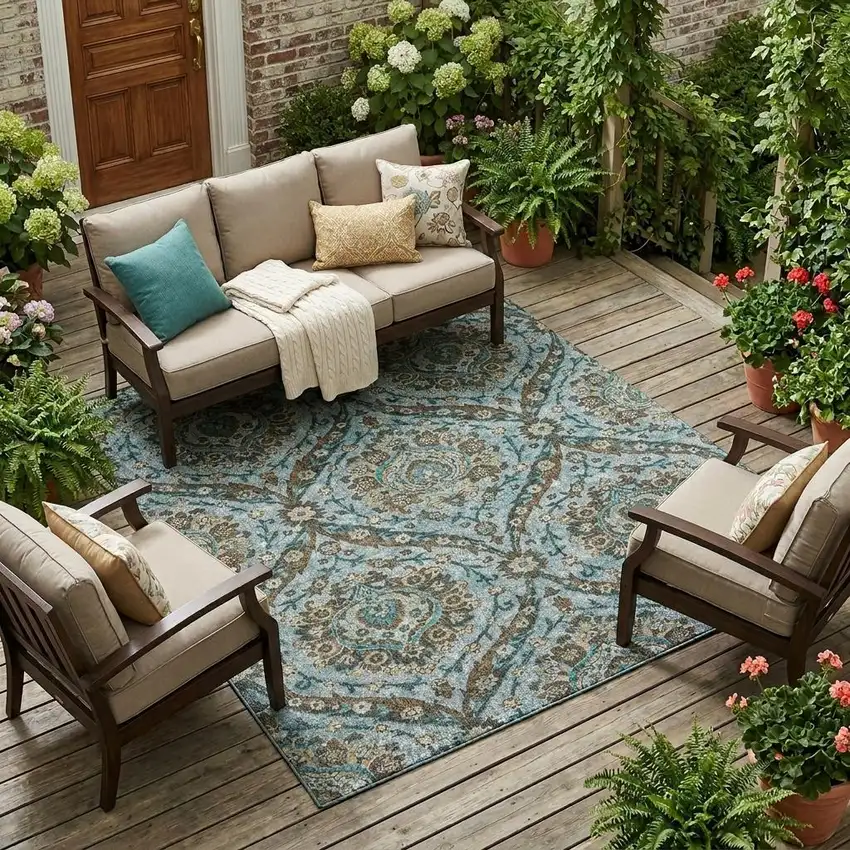 Teal Blue And Blue Floral Washable Indoor Outdoor Area Rug Photo 1