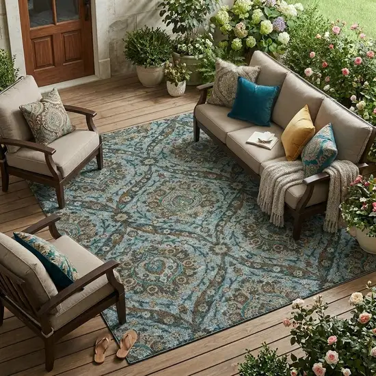 Teal Blue And Blue Floral Washable Indoor Outdoor Area Rug Photo 1