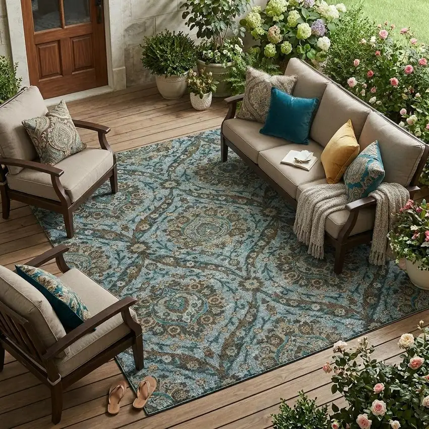 Teal Blue And Blue Floral Washable Indoor Outdoor Area Rug Photo 1