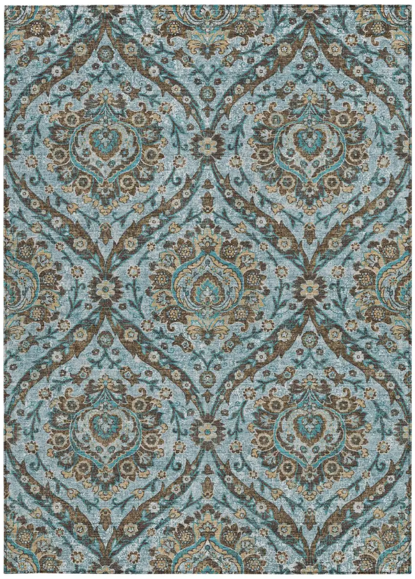 Teal Blue And Blue Floral Washable Indoor Outdoor Area Rug Photo 4