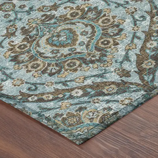 Teal Blue And Blue Floral Washable Indoor Outdoor Area Rug Photo 5