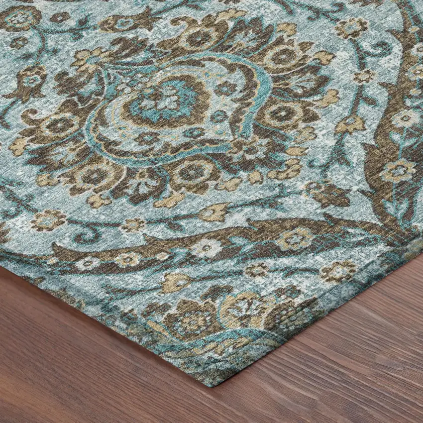 Teal Blue And Blue Floral Washable Indoor Outdoor Area Rug Photo 5