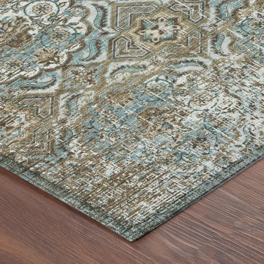 Teal Blue And Blue Floral Washable Indoor Outdoor Area Rug Photo 5