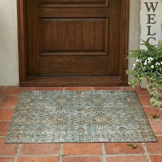 Teal Blue And Blue Floral Washable Indoor Outdoor Area Rug Photo 1