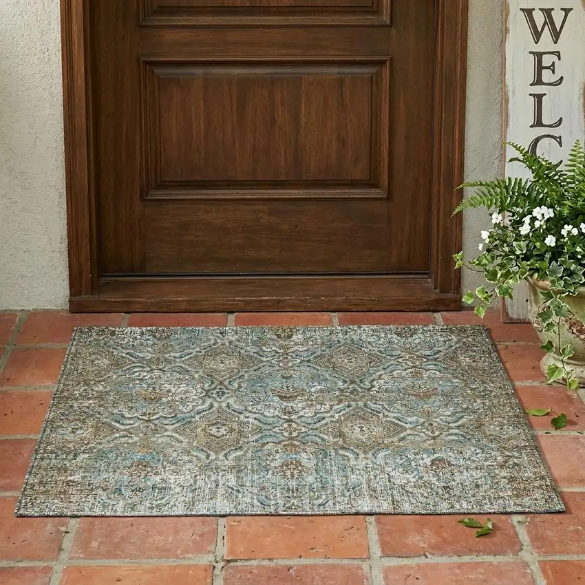 Teal Blue And Blue Floral Washable Indoor Outdoor Area Rug Photo 1